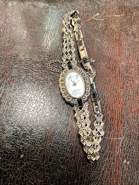 Vintage 90s 1990s QVC Women's Silver Marcasite & Black onyx stone Bracelet Watch